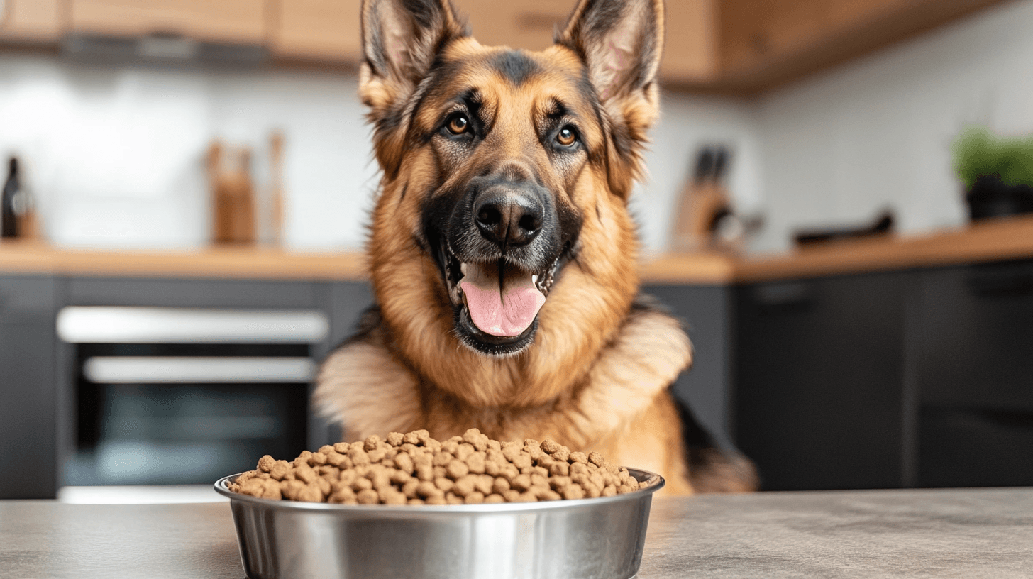 Un Berger Allemand adulte mange des croquettes de qualité dans une gamelle en inox dans une cuisine moderne.