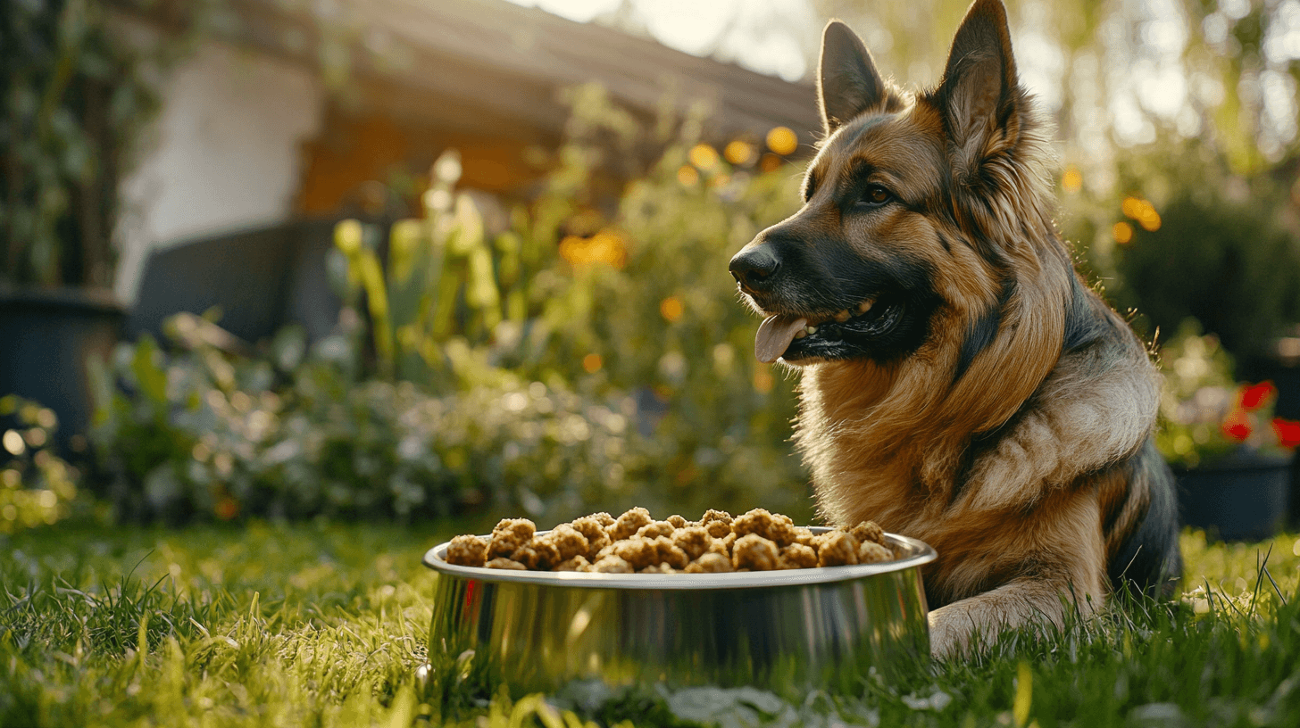 Berger Allemand adulte en position assise au pelage sain et brillant, dans un jardin ensoleillé, à côté de sa gamelle en inox remplie de croquettes premium