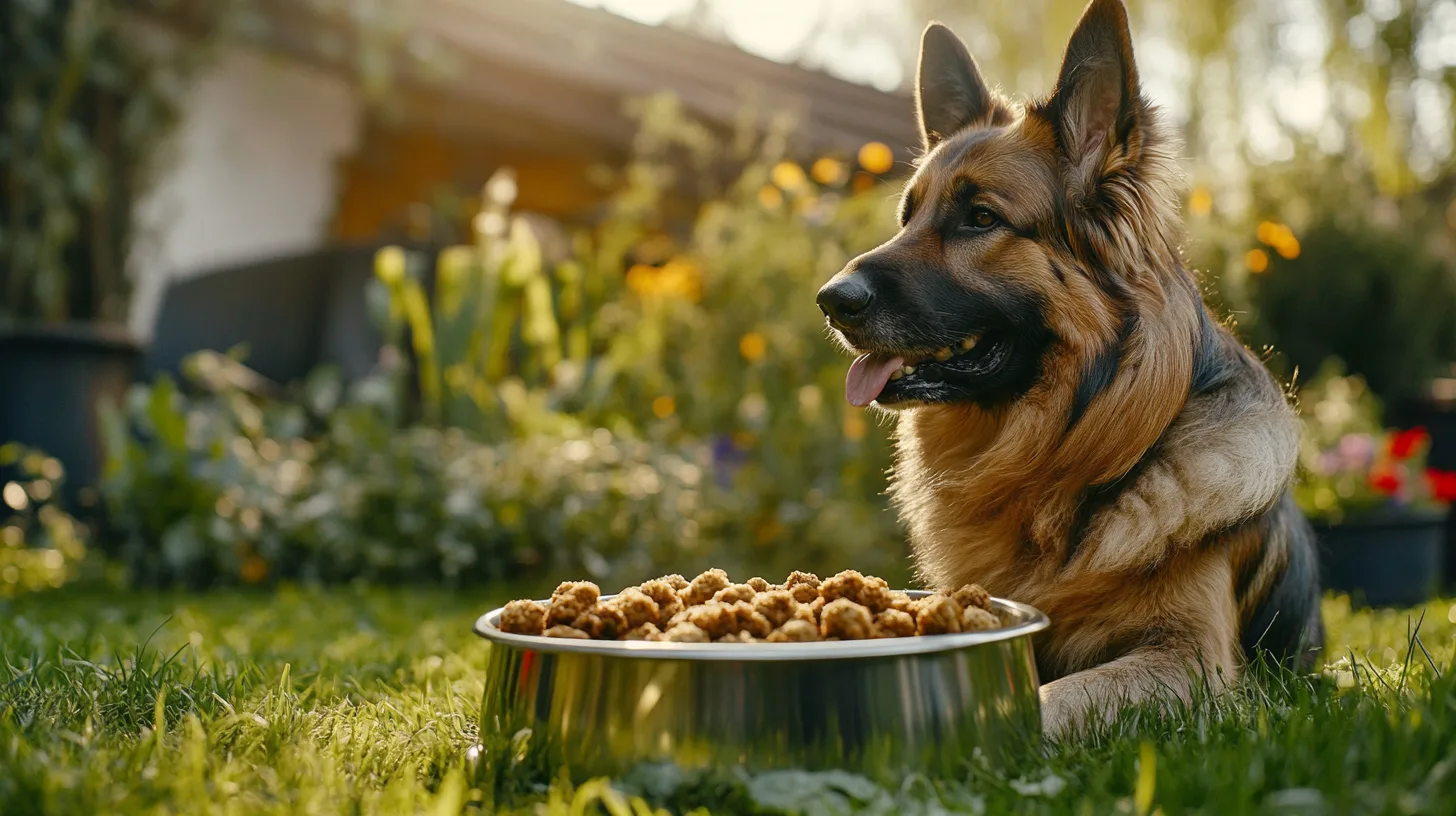 Berger Allemand adulte en position assise au pelage sain et brillant, dans un jardin ensoleillé, à côté de sa gamelle en inox remplie de croquettes premium