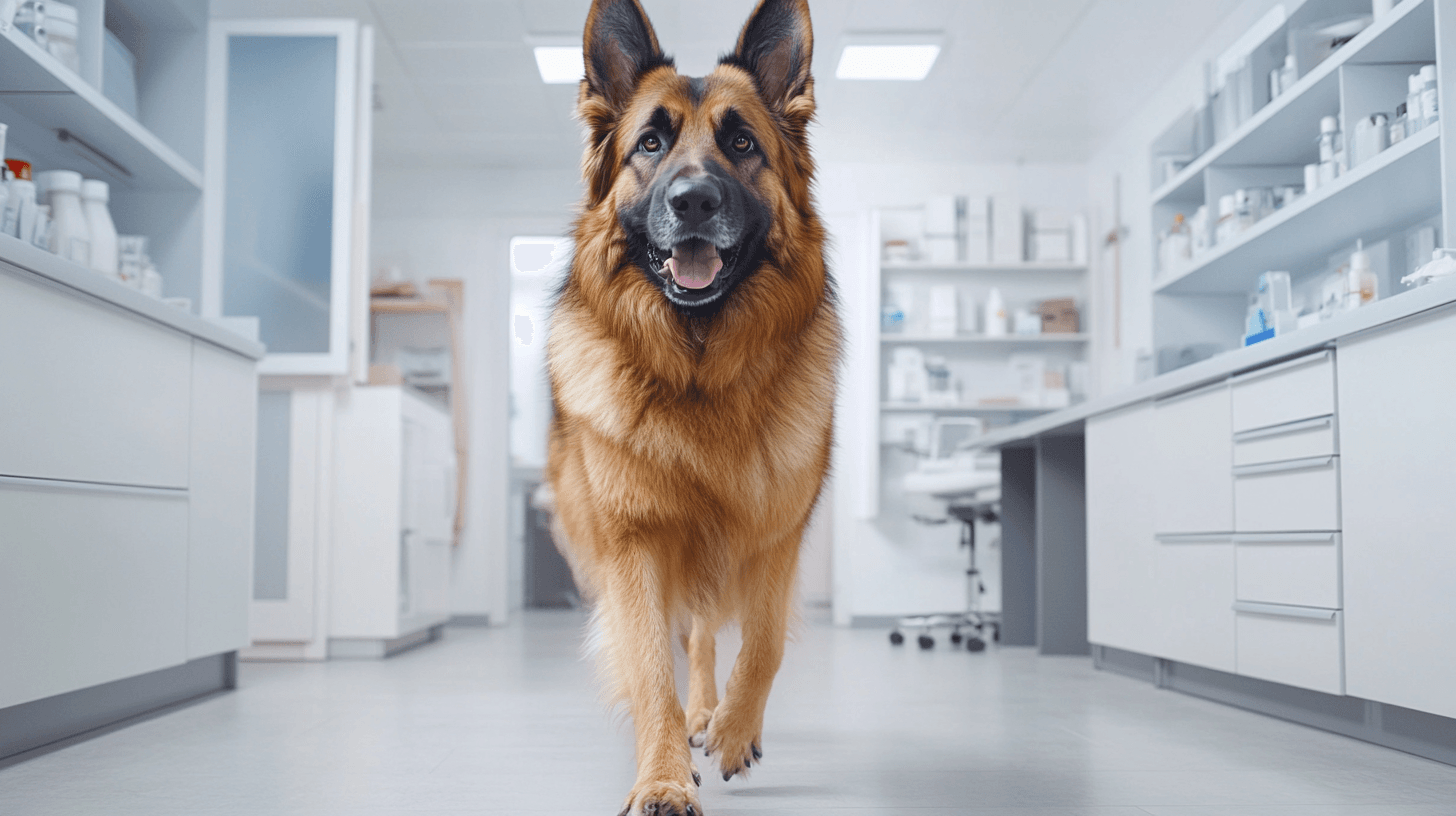 Berger Allemand adulte marchant difficilement, pattes arrière affaissées, dans un cabinet vétérinaire moderne, éclairage intérieur doux, expression faciale noble