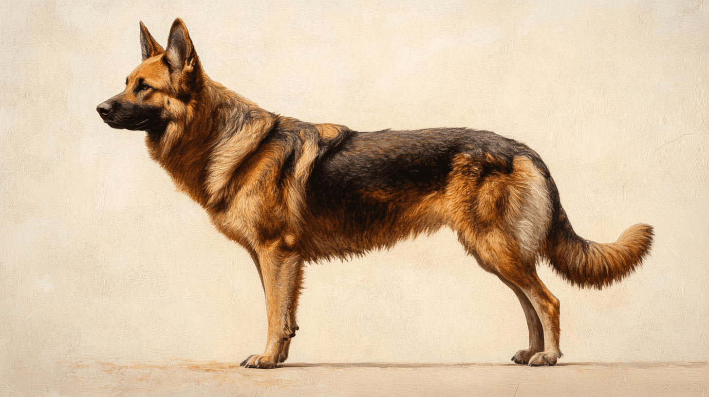 Berger Allemand adulte vu de profil en position debout sur fond clair, mettant en évidence une faiblesse visible des pattes arrière et une posture légèrement affaissée