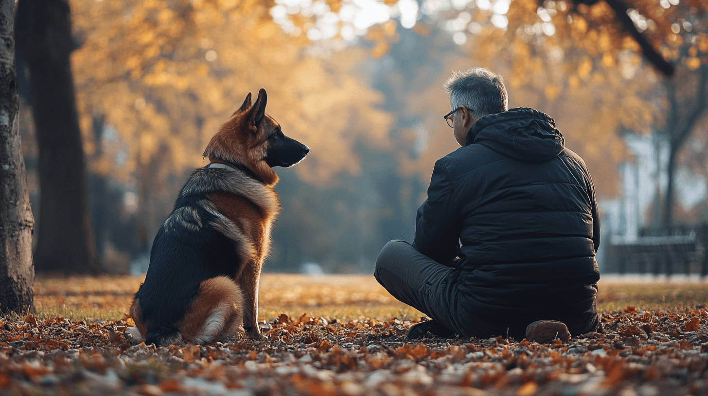 Berger Allemand assis calmement avec son maître dans un parc