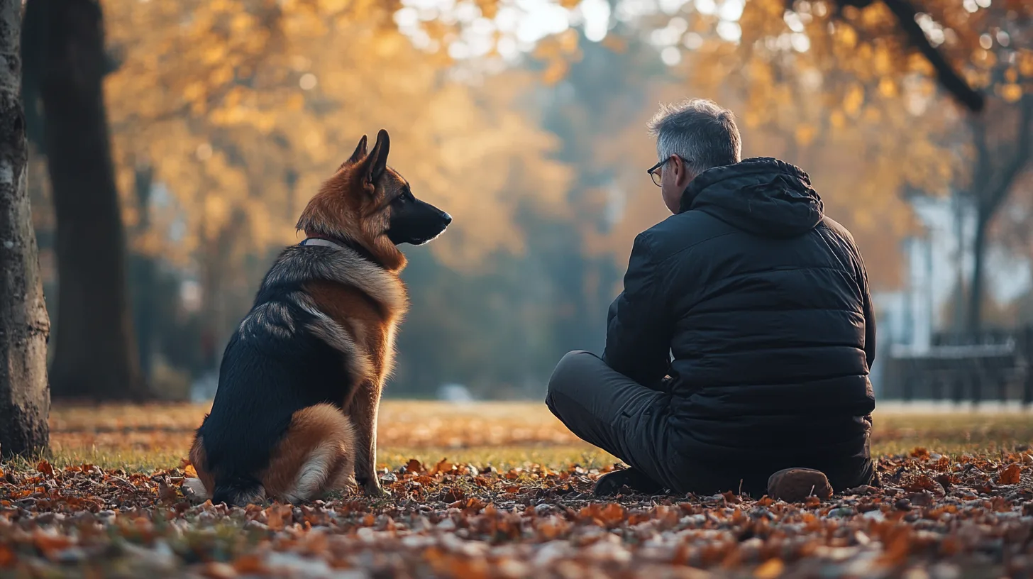 Berger Allemand assis calmement avec son maître dans un parc