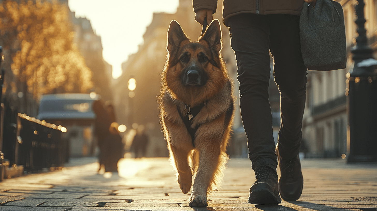 Un Berger Allemand adulte marchant calmement au pied de son maître en ville, sans laisse, au milieu des passants, illustrant une obéissance parfaite
