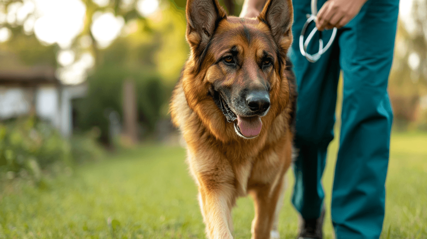 Un Berger Allemand adulte marche doucement sur un sol herbeux, montrant une légère boiterie, tandis qu’un vétérinaire examine délicatement sa hanche