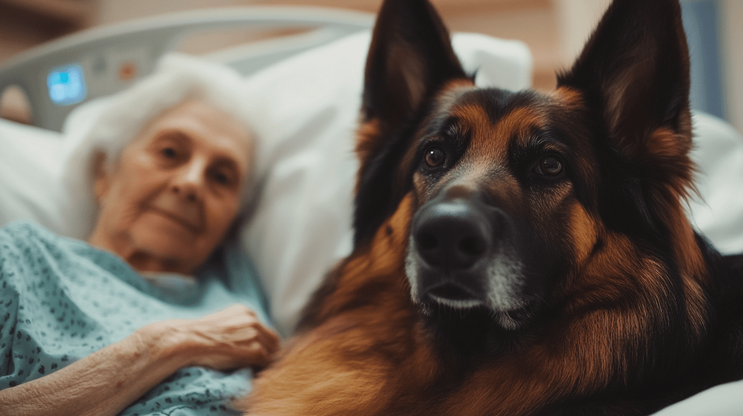 Un Berger Allemand allongé auprès d’une femme âgée dans un hôpital, apportant réconfort et présence
