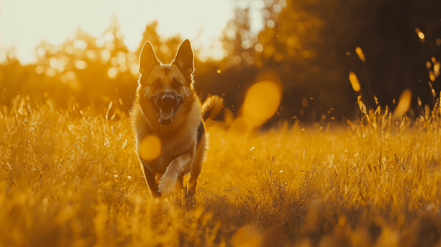 Un Berger Allemand courant dans un pré ensoleillé, respirant santé et vitalité
