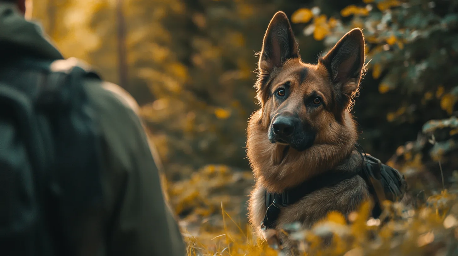 Un Berger Allemand en pleine course vers son maître dans un champ verdoyant, oreilles dressées et regard attentif, capturant la dynamique du rappel