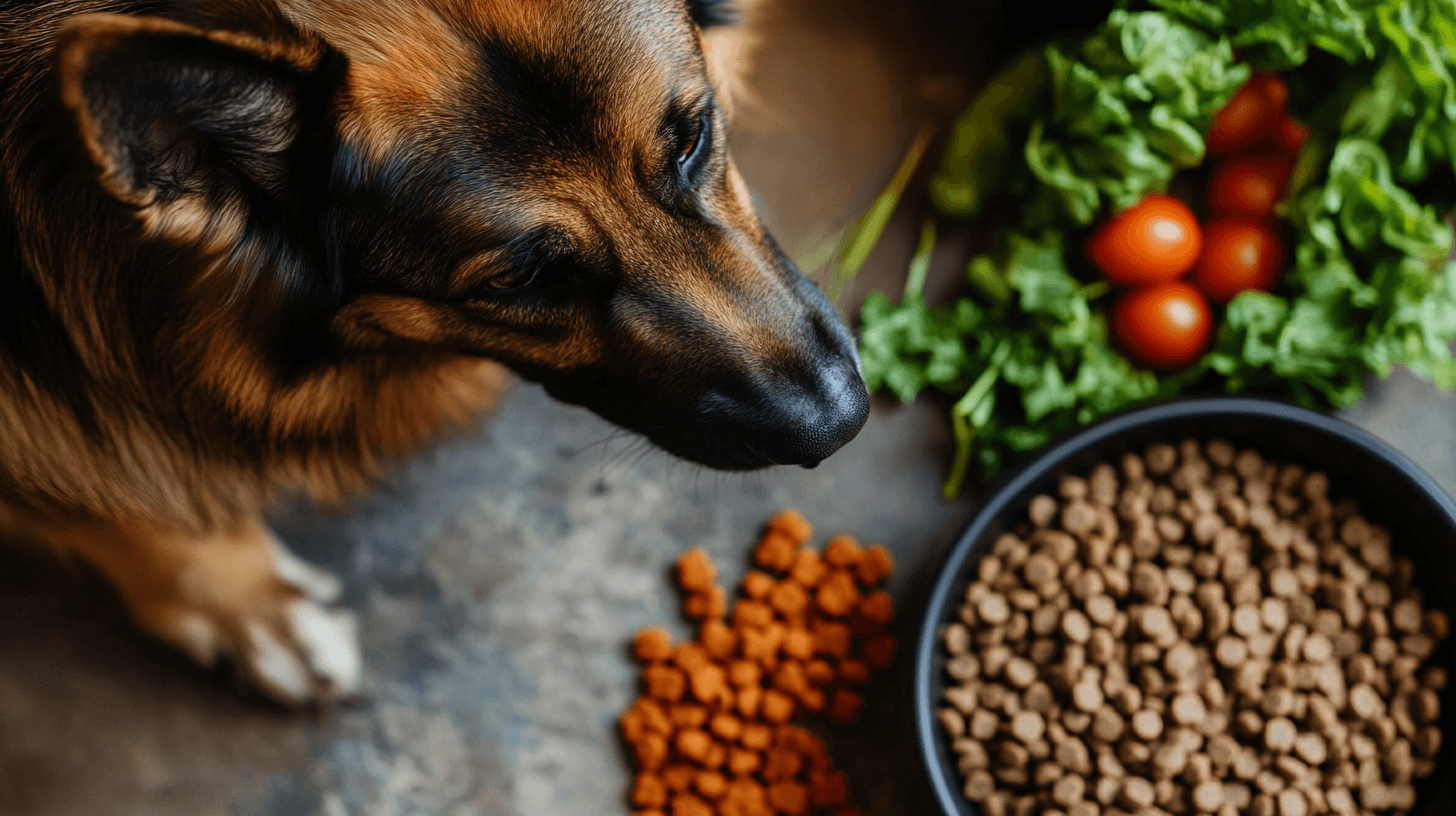 Un Berger Allemand en pleine forme mange dans une gamelle remplie d’aliments sains, avec des ingrédients frais comme viande, légumes et croquettes à côté