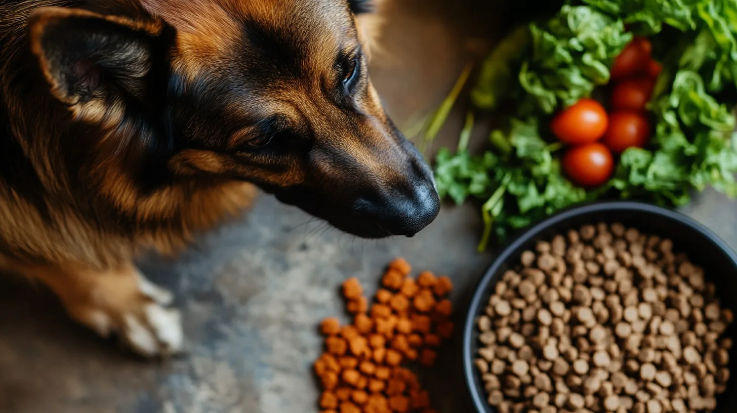 Un Berger Allemand en pleine forme mange dans une gamelle remplie d’aliments sains, avec des ingrédients frais comme viande, légumes et croquettes à côté