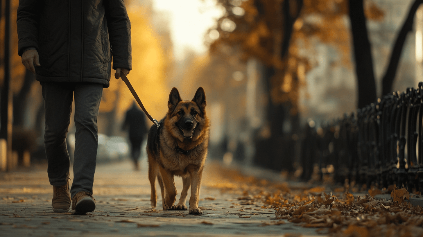 Un Berger Allemand en promenade, tirant fortement sur sa laisse tandis que son maître tente de le retenir, avec un regard excité et attentif