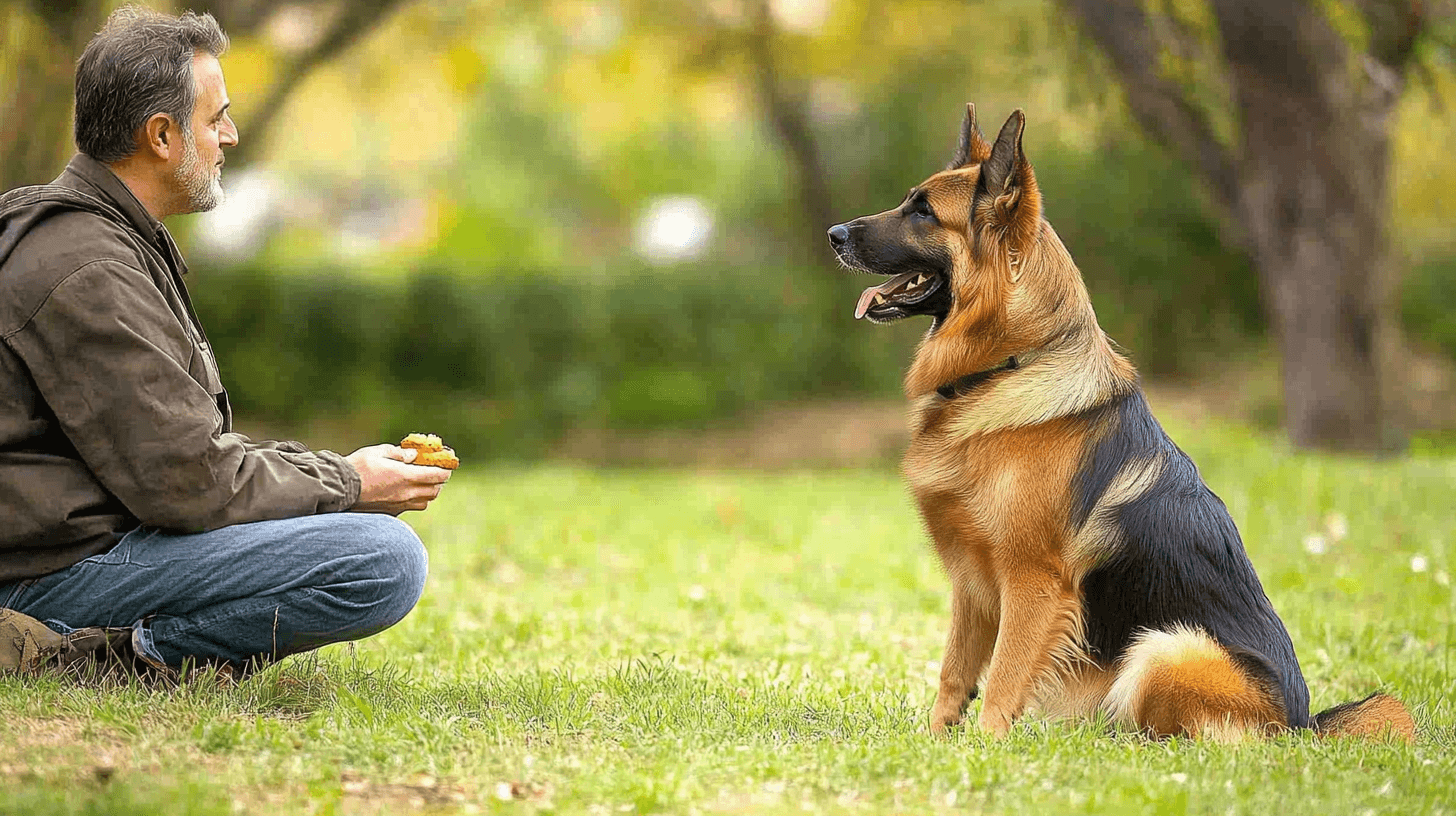 Un Berger Allemand fixant son maître avec intensité, prêt à obéir, tandis que celui-ci tient une friandise en main dans un parc verdoyant