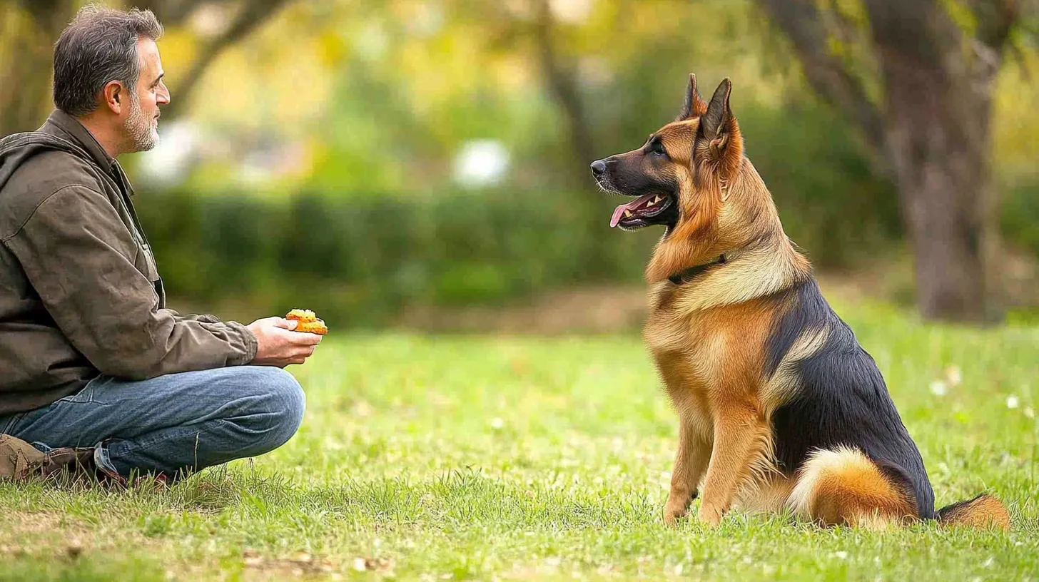 Un Berger Allemand fixant son maître avec intensité, prêt à obéir, tandis que celui-ci tient une friandise en main dans un parc verdoyant