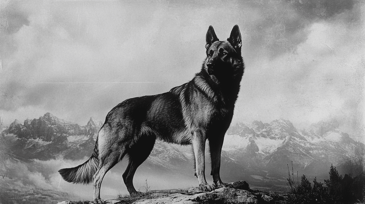 Un Berger Allemand majestueux en posture attentive, avec en arrière-plan une vieille photo en noir et blanc de Max von Stephanitz et Horand von Grafrath