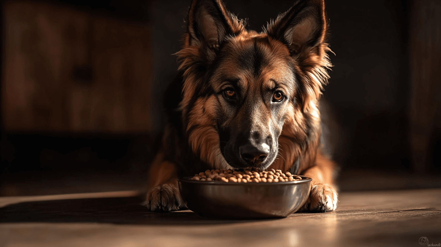 Un Berger Allemand mangeant des croquettes de qualité dans une cuisine moderne