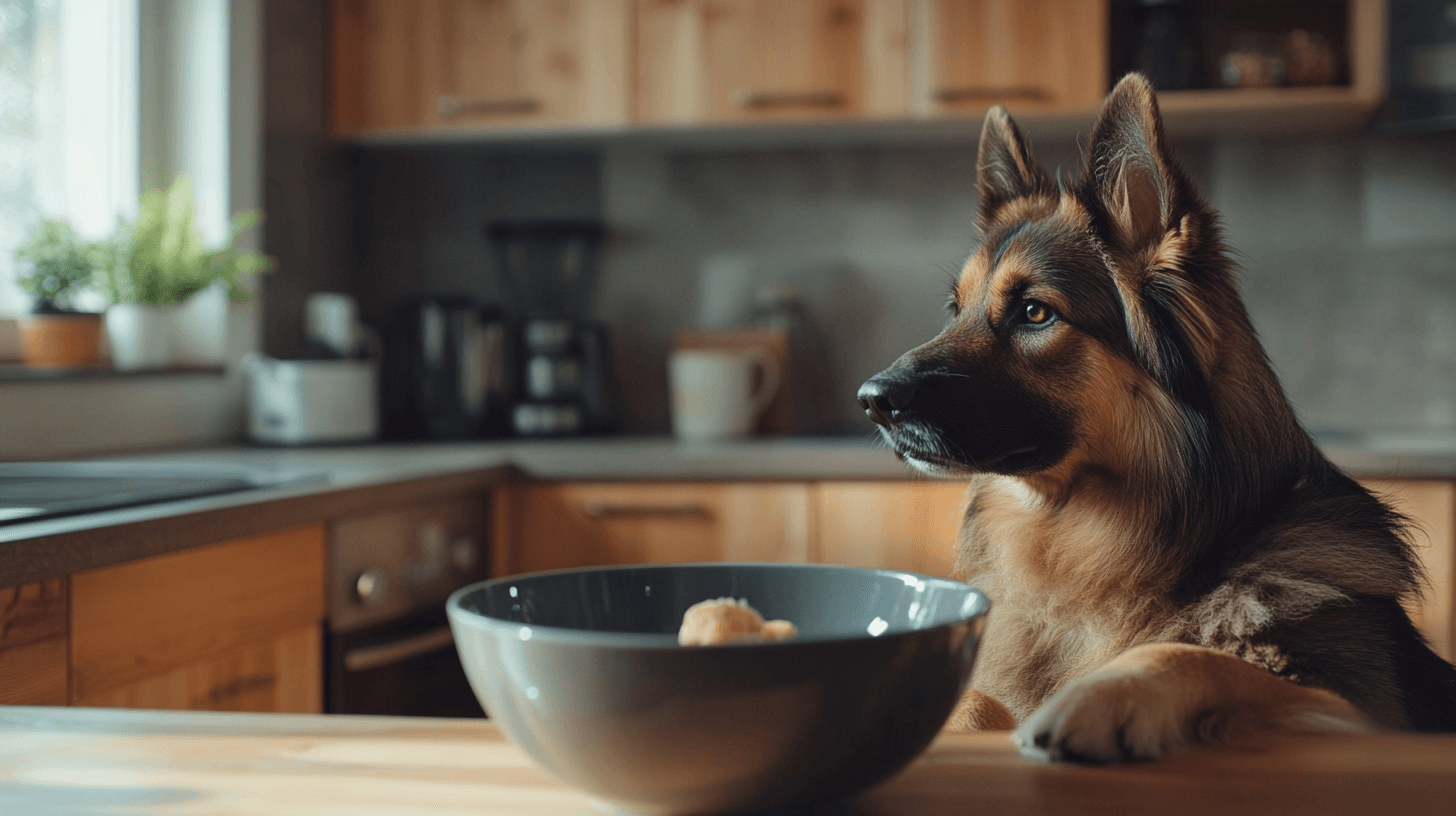 Un Berger Allemand reniflant sa gamelle pleine sans y toucher, l'air hésitant, dans une cuisine moderne