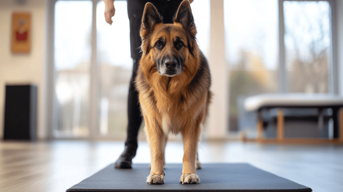 Un Berger Allemand senior fait des exercices de rééducation sur un tapis d'équilibre, sous le regard attentif d'un thérapeute canin dans une salle lumineuse