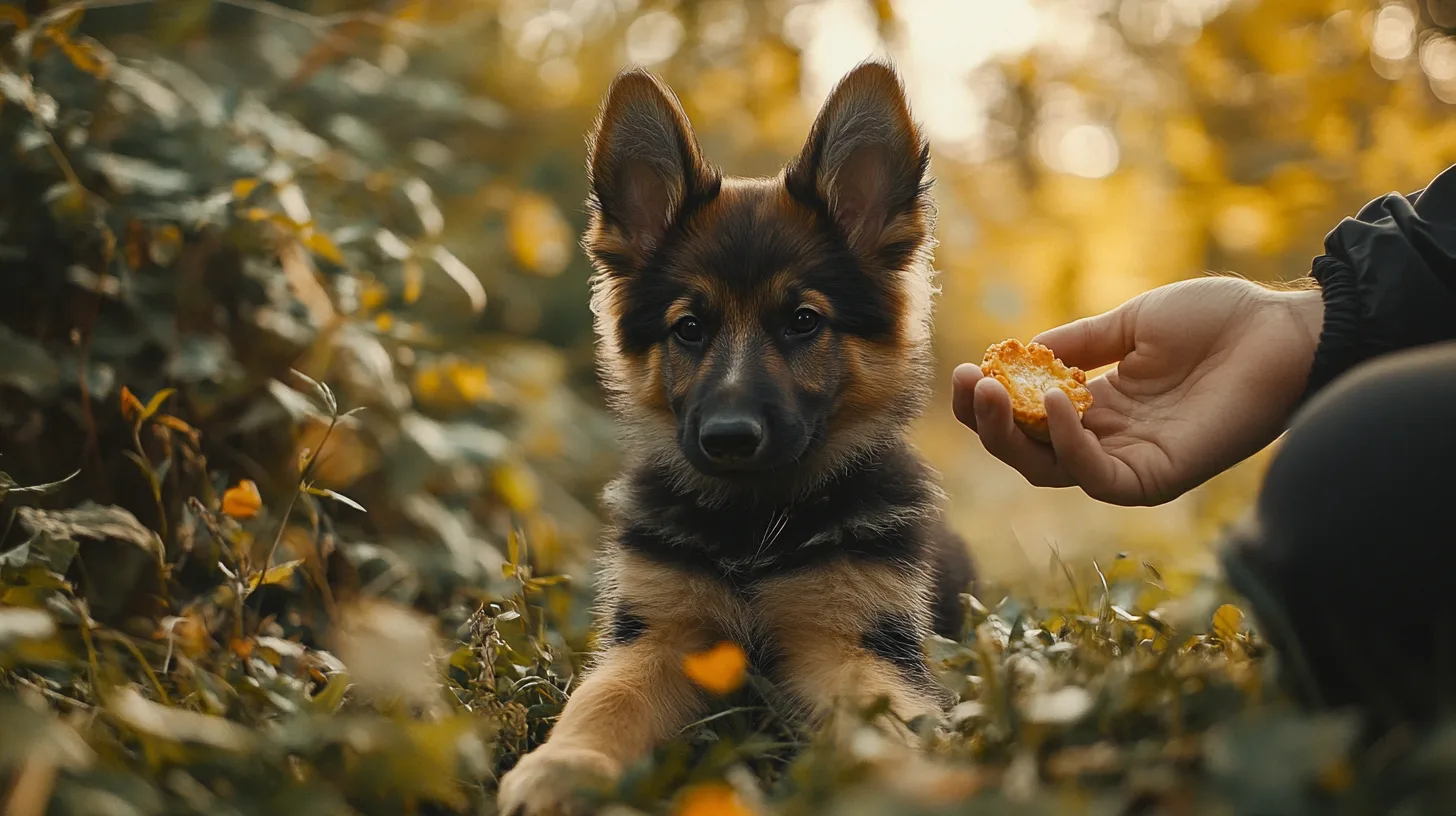 Un chiot Berger Allemand assis sur l’herbe, recevant une friandise après avoir fait ses besoins dehors, avec son maître souriant à ses côtés
