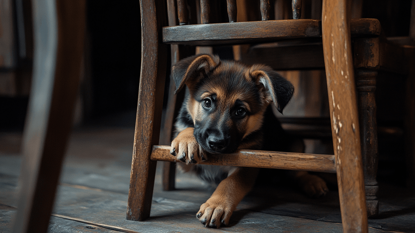 Un chiot Berger Allemand mordillant un pied de chaise en bois, joueur mais déterminé