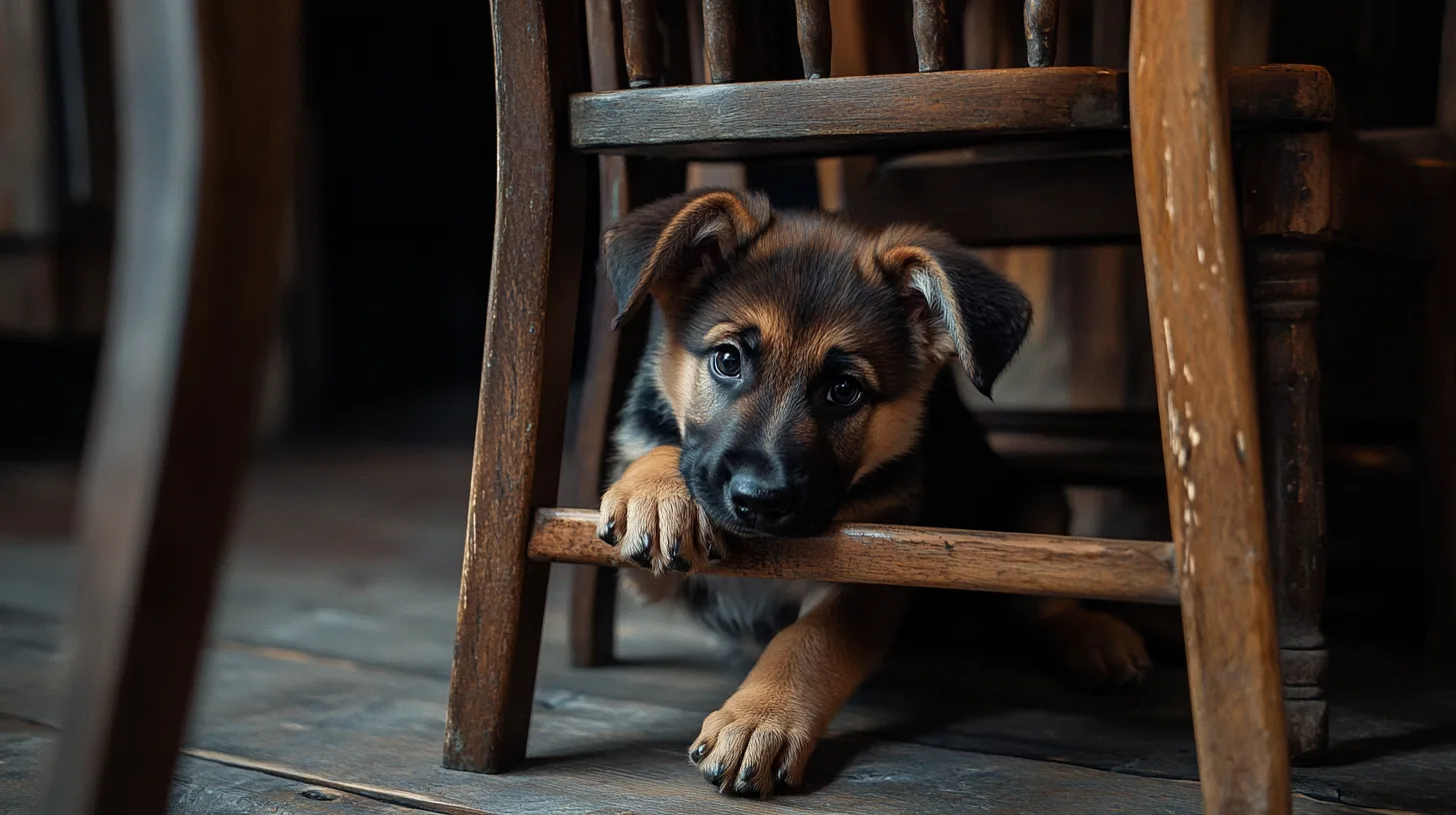 Un chiot Berger Allemand mordillant un pied de chaise en bois, joueur mais déterminé