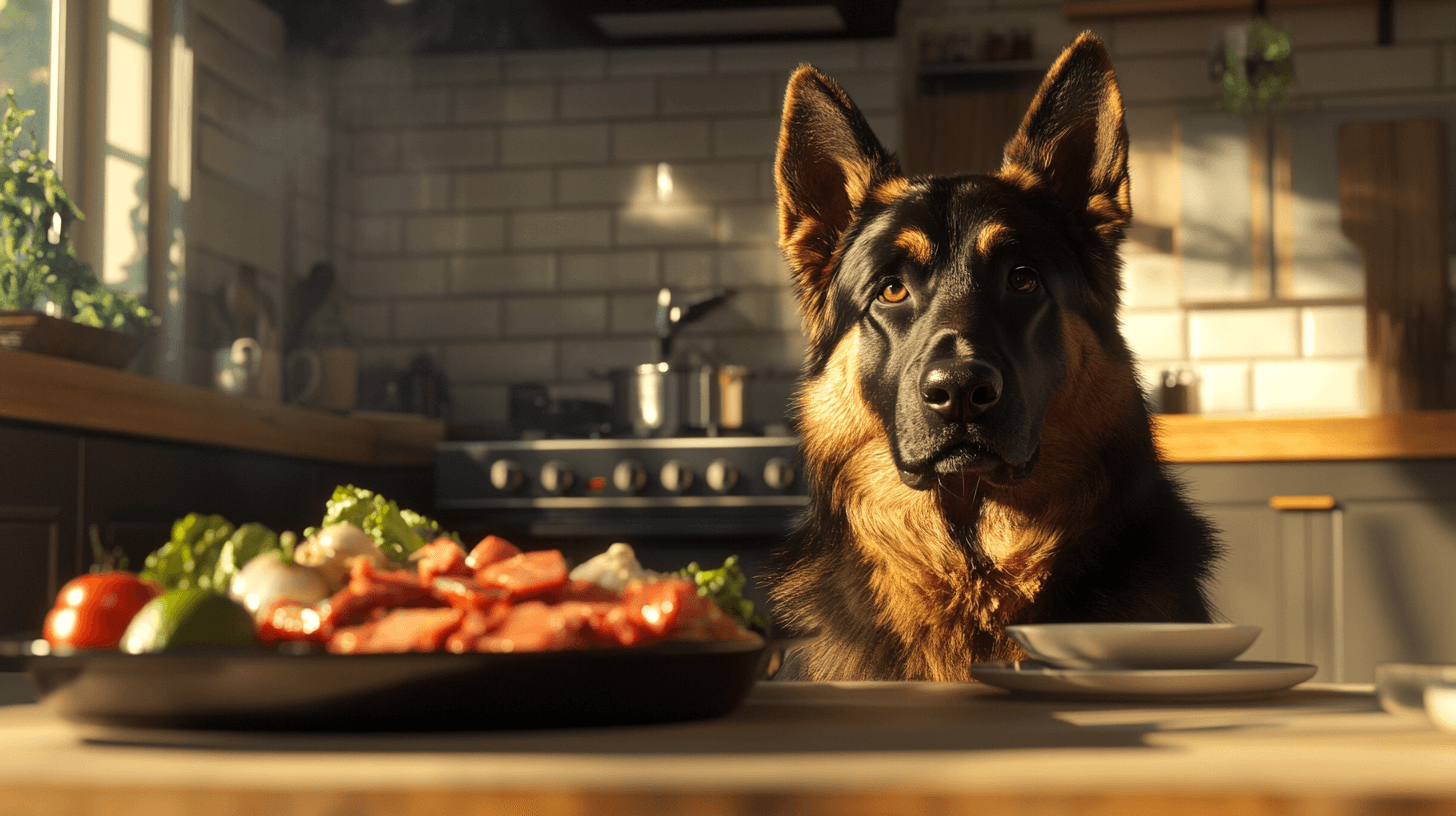Un majestueux Berger Allemand noir et feu dans une cuisine moderne, observant attentivement sa gamelle remplie de viande crue, légumes et os charnus disposés soigneusement