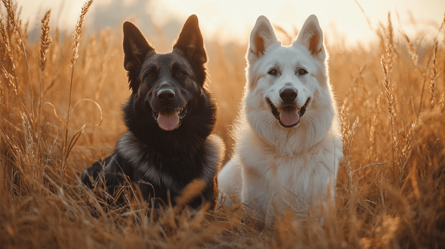 Comparaison côte à côte d’un Berger Blanc Suisse et d’un Berger Allemand dans un champ