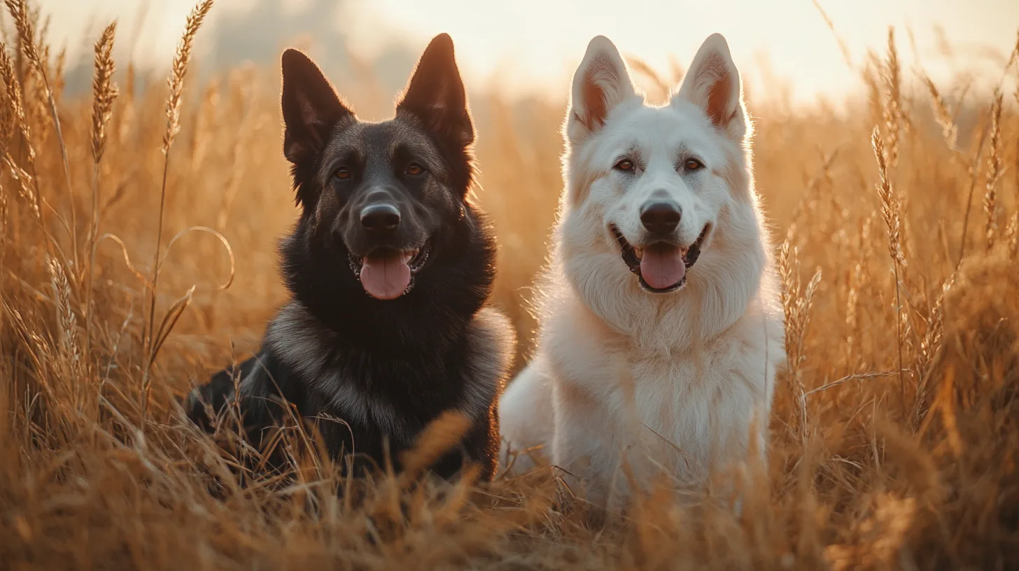 Comparaison côte à côte d’un Berger Blanc Suisse et d’un Berger Allemand dans un champ