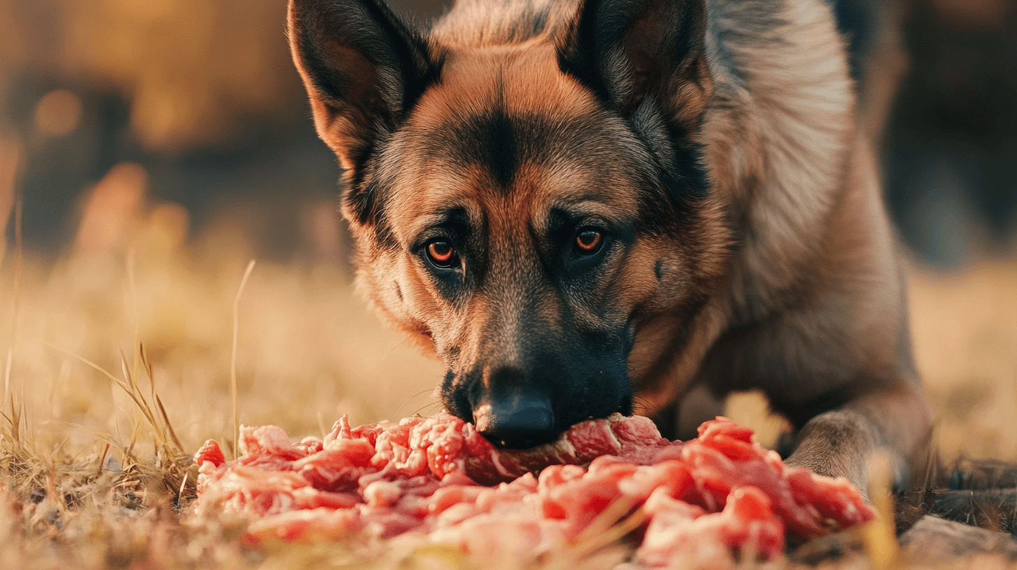 Un berger allemand qui mange une ration de viande crue