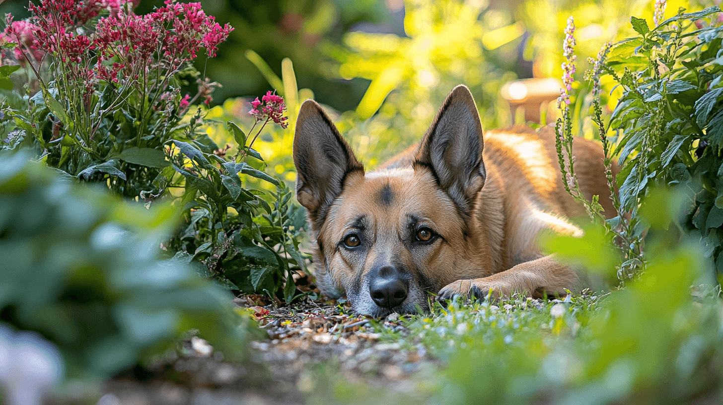 un berger allemand dans un jardin