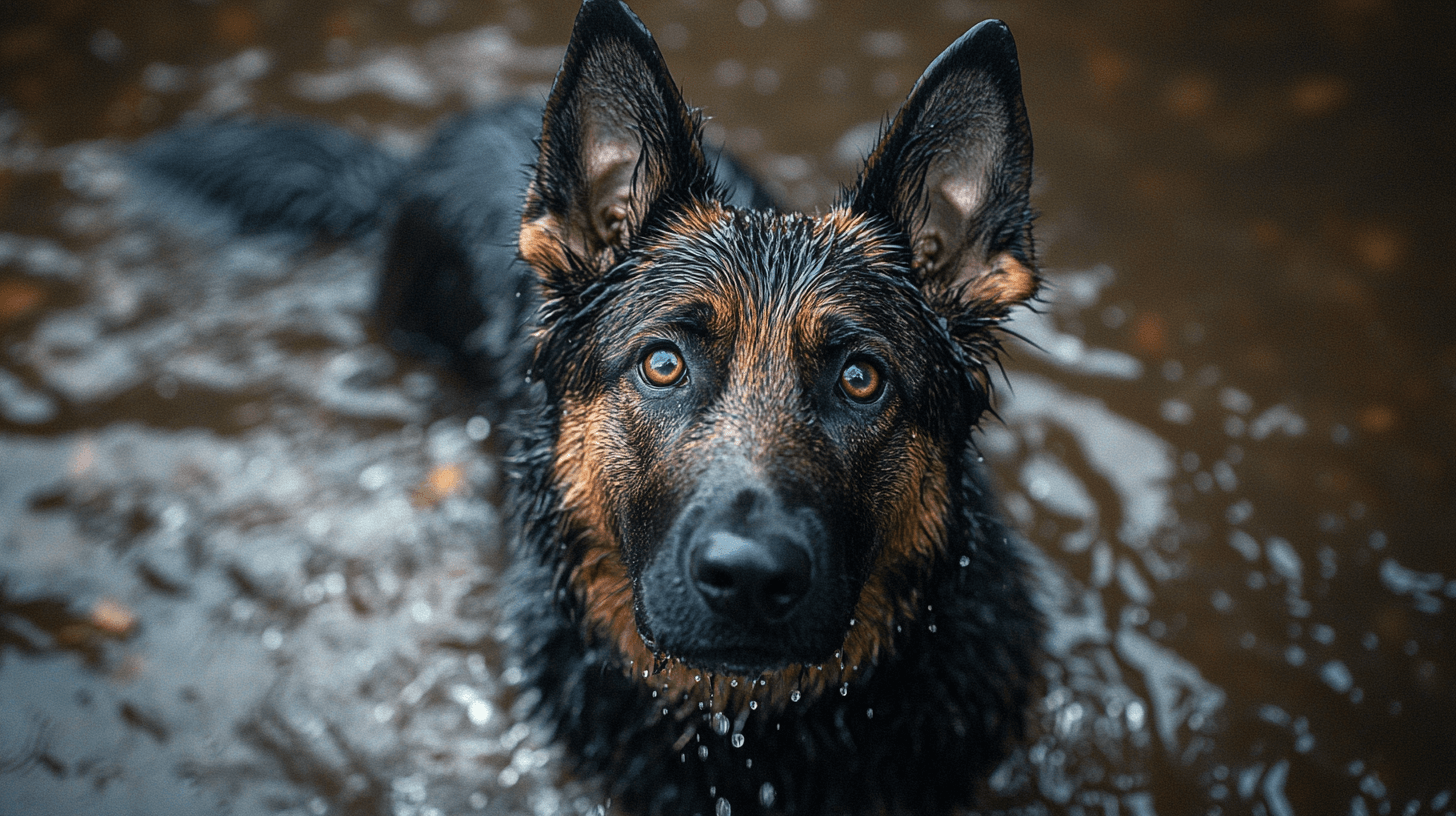 Berger Allemand qui sent mauvais car mouillé