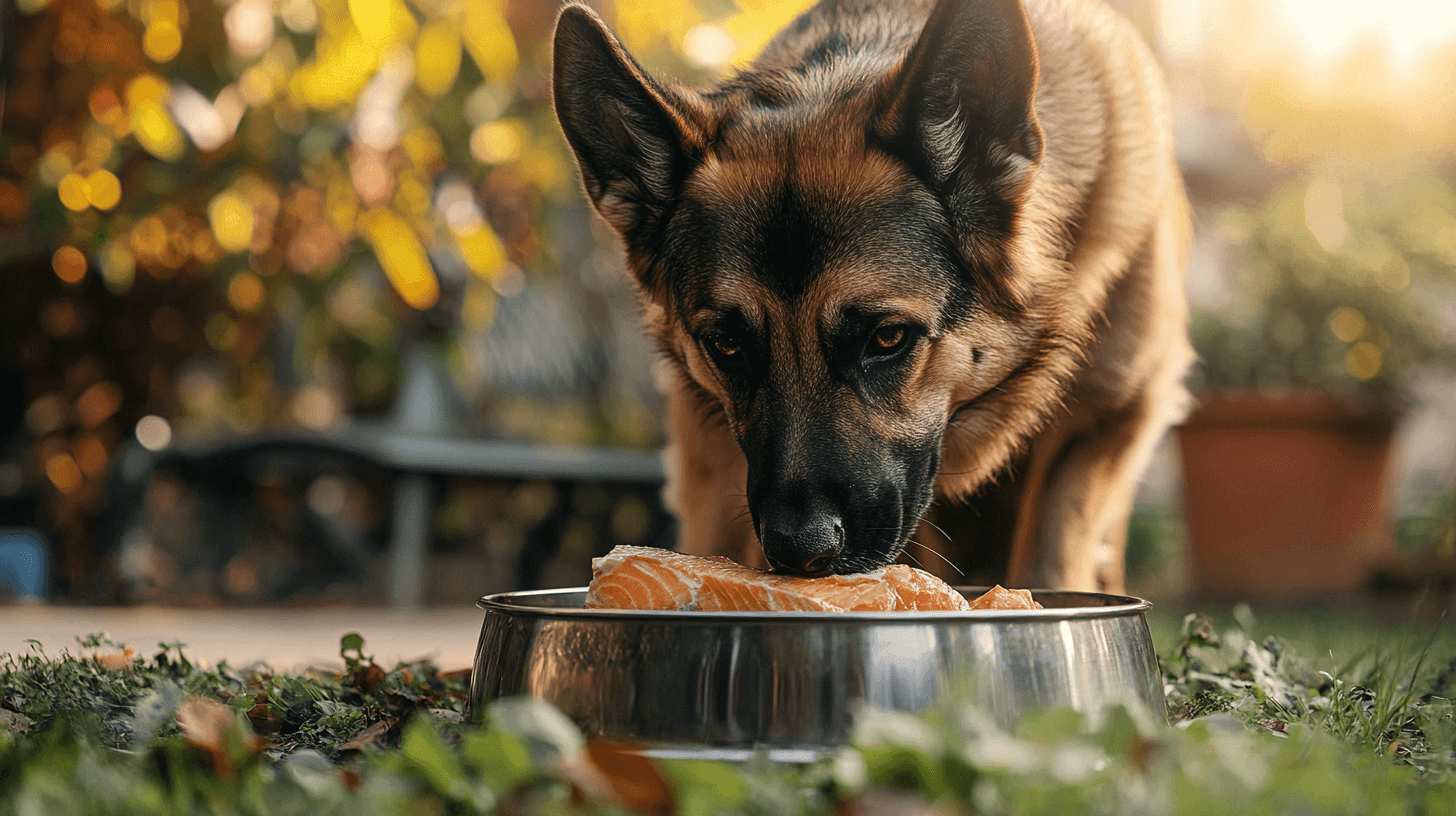 Un berger allemand qui mange du saumon cuit