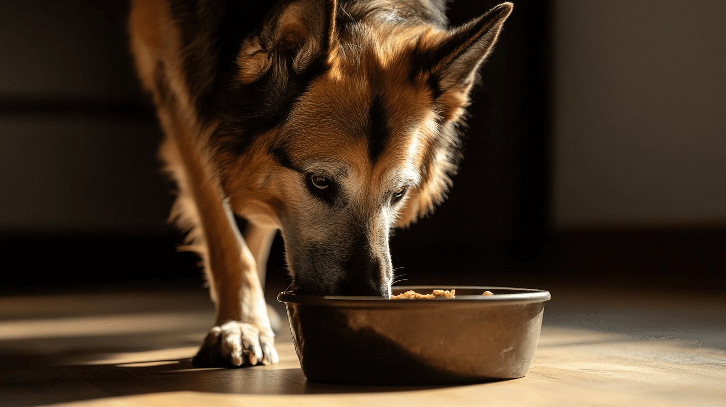 un berger allemand senior qui mange de la nourriture adaptée à son âge